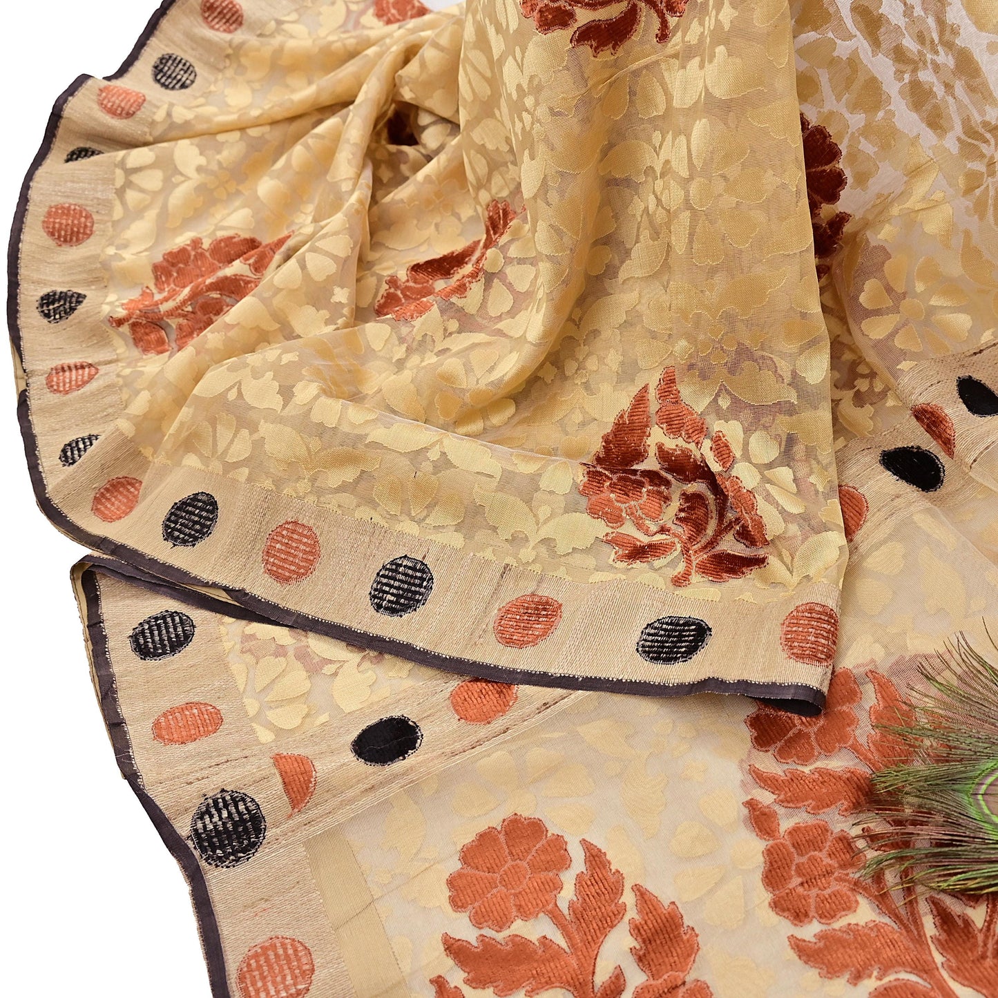 Indian Vintage Sarees Beige Pure Cotton Hand Woven Jamdani Sari 5yd Ethnic Floral Craft Fabric Dress making Upcycle Crafting Quilting