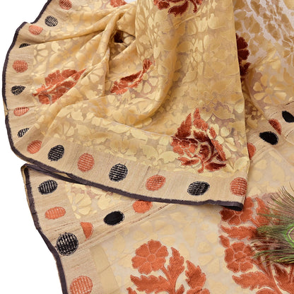 Indian Vintage Sarees Beige Pure Cotton Hand Woven Jamdani Sari 5yd Ethnic Floral Craft Fabric Dress making Upcycle Crafting Quilting