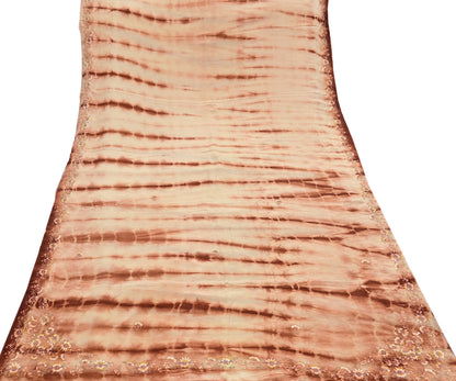 Indian Vintage Saree Brown & Beige Pure Crepe Silk Tie-Dye Embroidered Sari Fabric 5yard Sewing Floral Soft Zari