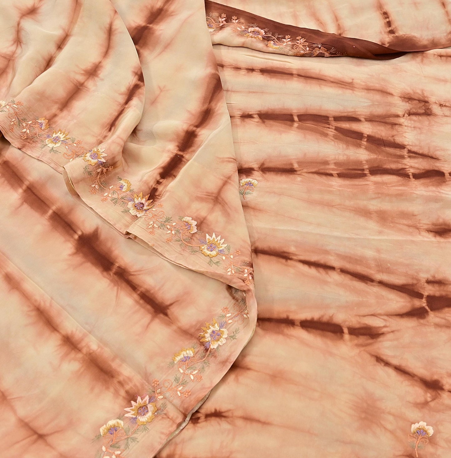 Indian Vintage Saree Brown & Beige Pure Crepe Silk Tie-Dye Embroidered Sari Fabric 5yard Sewing Floral Soft Zari
