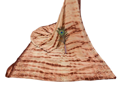 Indian Vintage Saree Brown & Beige Pure Crepe Silk Tie-Dye Embroidered Sari Fabric 5yard Sewing Floral Soft Zari