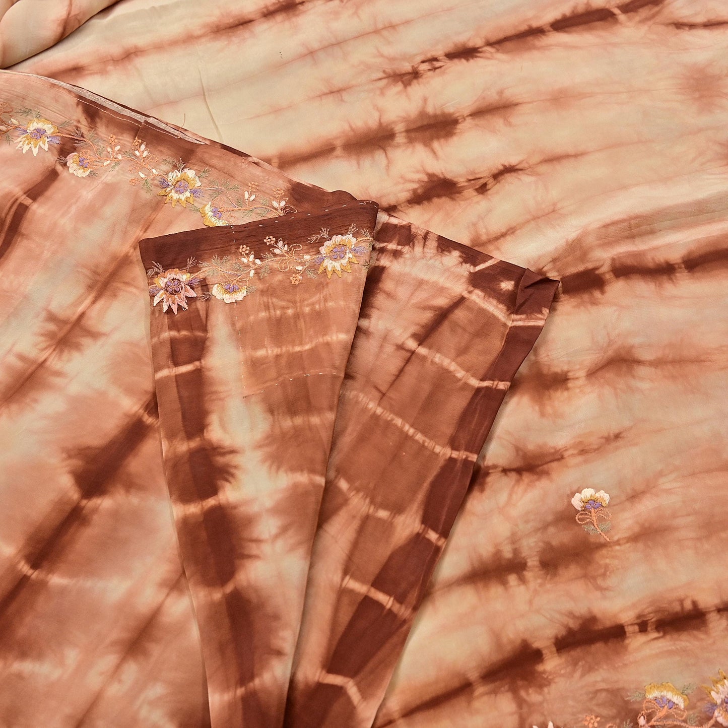 Indian Vintage Saree Brown & Beige Pure Crepe Silk Tie-Dye Embroidered Sari Fabric 5yard Sewing Floral Soft Zari