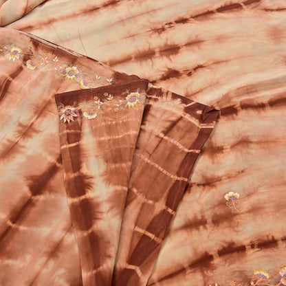 Indian Vintage Saree Brown & Beige Pure Crepe Silk Tie-Dye Embroidered Sari Fabric 5yard Sewing Floral Soft Zari