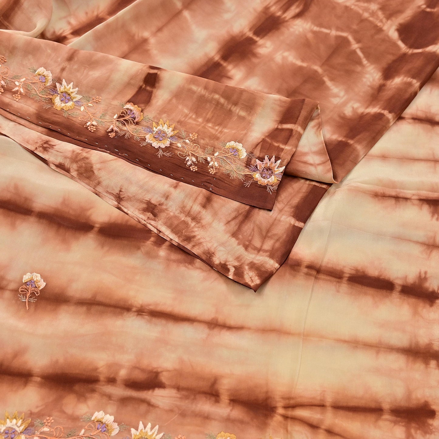 Indian Vintage Saree Brown & Beige Pure Crepe Silk Tie-Dye Embroidered Sari Fabric 5yard Sewing Floral Soft Zari