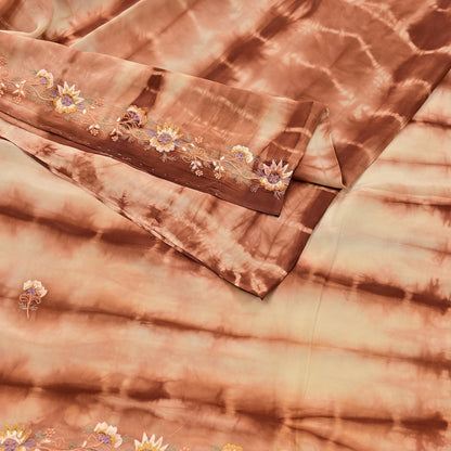 Indian Vintage Saree Brown & Beige Pure Crepe Silk Tie-Dye Embroidered Sari Fabric 5yard Sewing Floral Soft Zari