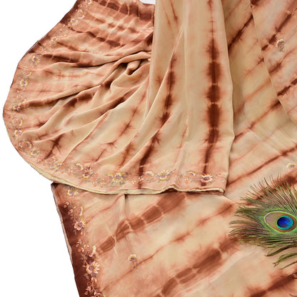 Indian Vintage Saree Brown & Beige Pure Crepe Silk Tie-Dye Embroidered Sari Fabric 5yard Sewing Floral Soft Zari