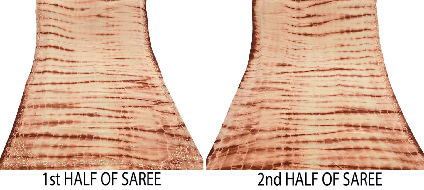Indian Vintage Saree Brown & Beige Pure Crepe Silk Tie-Dye Embroidered Sari Fabric 5yard Sewing Floral Soft Zari