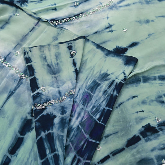 Indian Vintage Saree Pure Crepe Silk Hand Embroidered Tie-Dye Sari Fabric 5yard Sewing Craft Fabric Ethnic Dressmaking Crafting Zardozi Zari