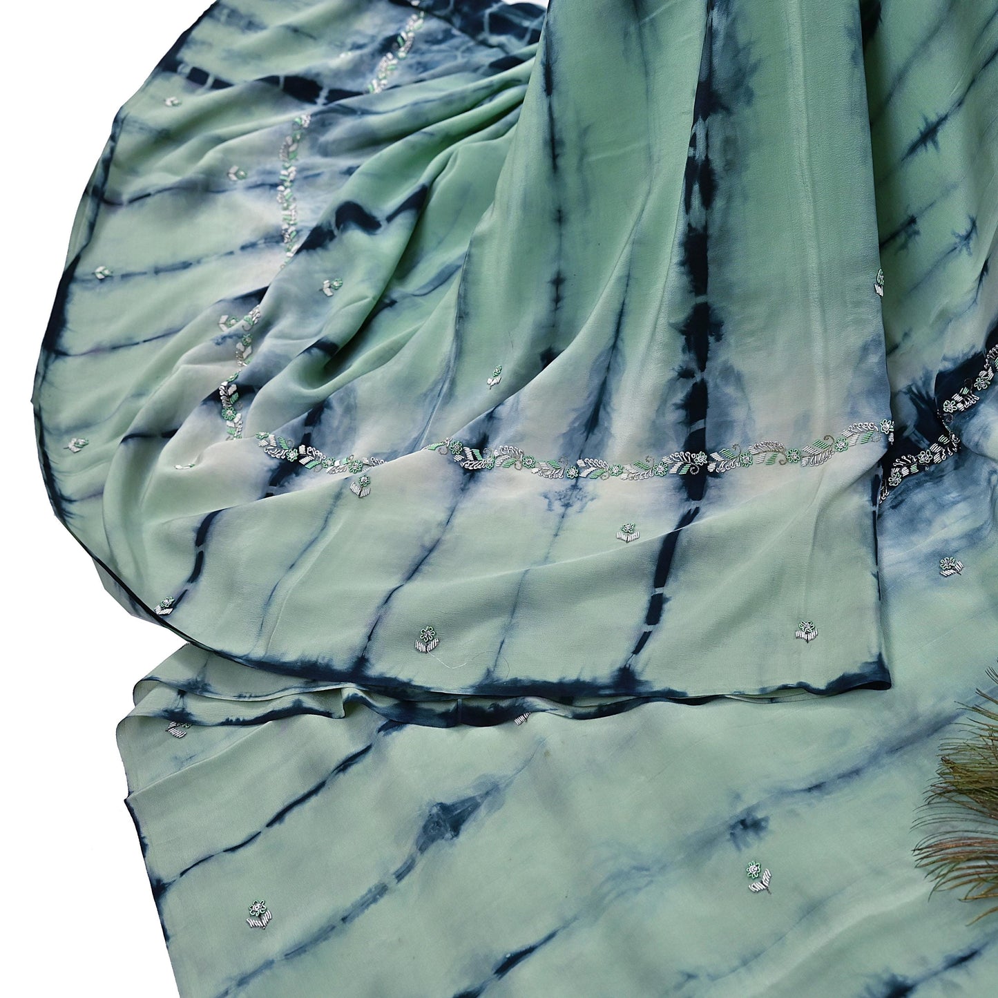Indian Vintage Saree Pure Crepe Silk Hand Embroidered Tie-Dye Sari Fabric 5yard Sewing Craft Fabric Ethnic Dressmaking Crafting Zardozi Zari