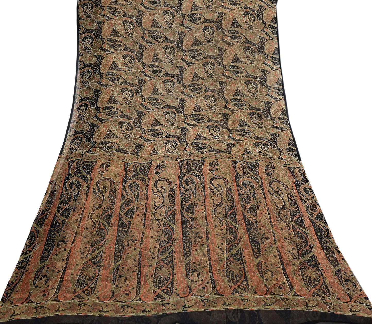 Indian Vintage Black Pure Chiffon Silk Saree Printed Floral Design 5 Yards Sheer Soft Fabric for Sewing, Dressmaking,