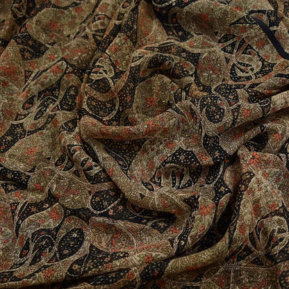 Indian Vintage Black Pure Chiffon Silk Saree Printed Floral Design 5 Yards Sheer Soft Fabric for Sewing, Dressmaking,