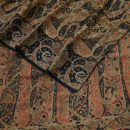 Indian Vintage Black Pure Chiffon Silk Saree Printed Floral Design 5 Yards Sheer Soft Fabric for Sewing, Dressmaking,