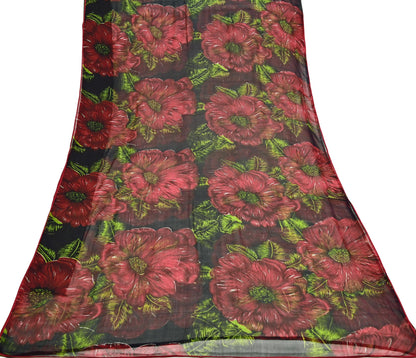 Indian Vintage Black & Red Pure Chiffon Silk Saree Printed Floral Design 5 Yards Sheer Soft Fabric for Sewing, Dressmaking,