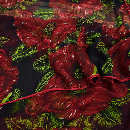 Indian Vintage Black & Red Pure Chiffon Silk Saree Printed Floral Design 5 Yards Sheer Soft Fabric for Sewing, Dressmaking,