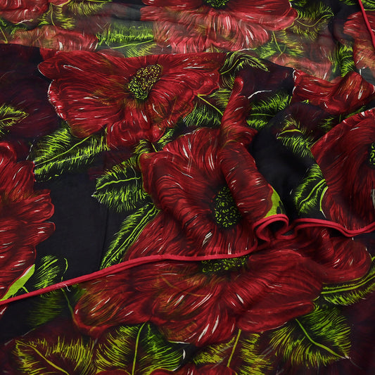 Indian Vintage Black & Red Pure Chiffon Silk Saree Printed Floral Design 5 Yards Sheer Soft Fabric for Sewing, Dressmaking,