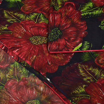 Indian Vintage Black & Red Pure Chiffon Silk Saree Printed Floral Design 5 Yards Sheer Soft Fabric for Sewing, Dressmaking,