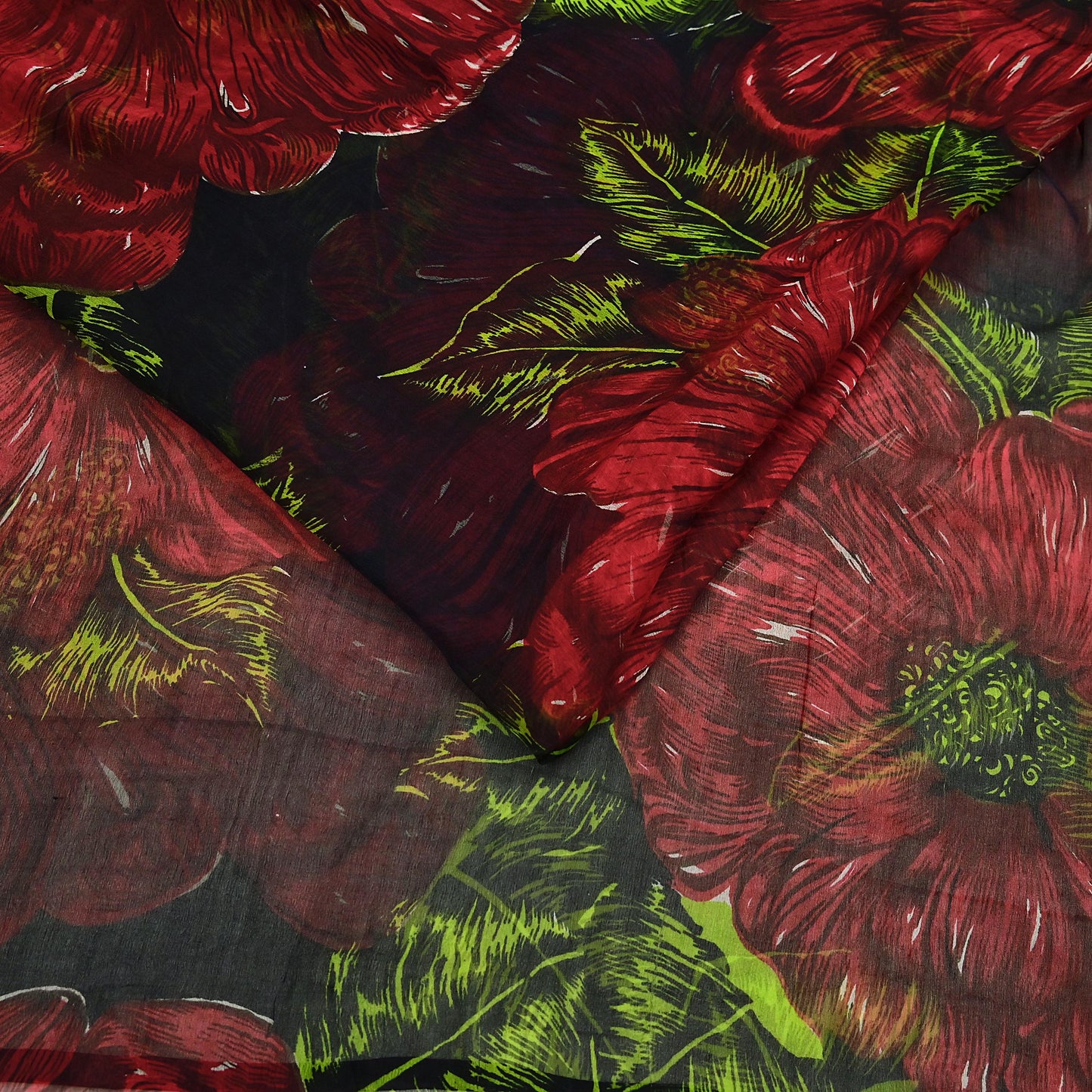 Indian Vintage Black & Red Pure Chiffon Silk Saree Printed Floral Design 5 Yards Sheer Soft Fabric for Sewing, Dressmaking,