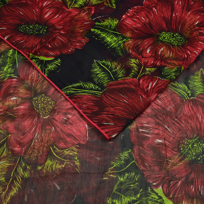 Indian Vintage Black & Red Pure Chiffon Silk Saree Printed Floral Design 5 Yards Sheer Soft Fabric for Sewing, Dressmaking,