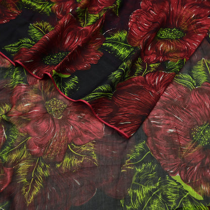 Indian Vintage Black & Red Pure Chiffon Silk Saree Printed Floral Design 5 Yards Sheer Soft Fabric for Sewing, Dressmaking,