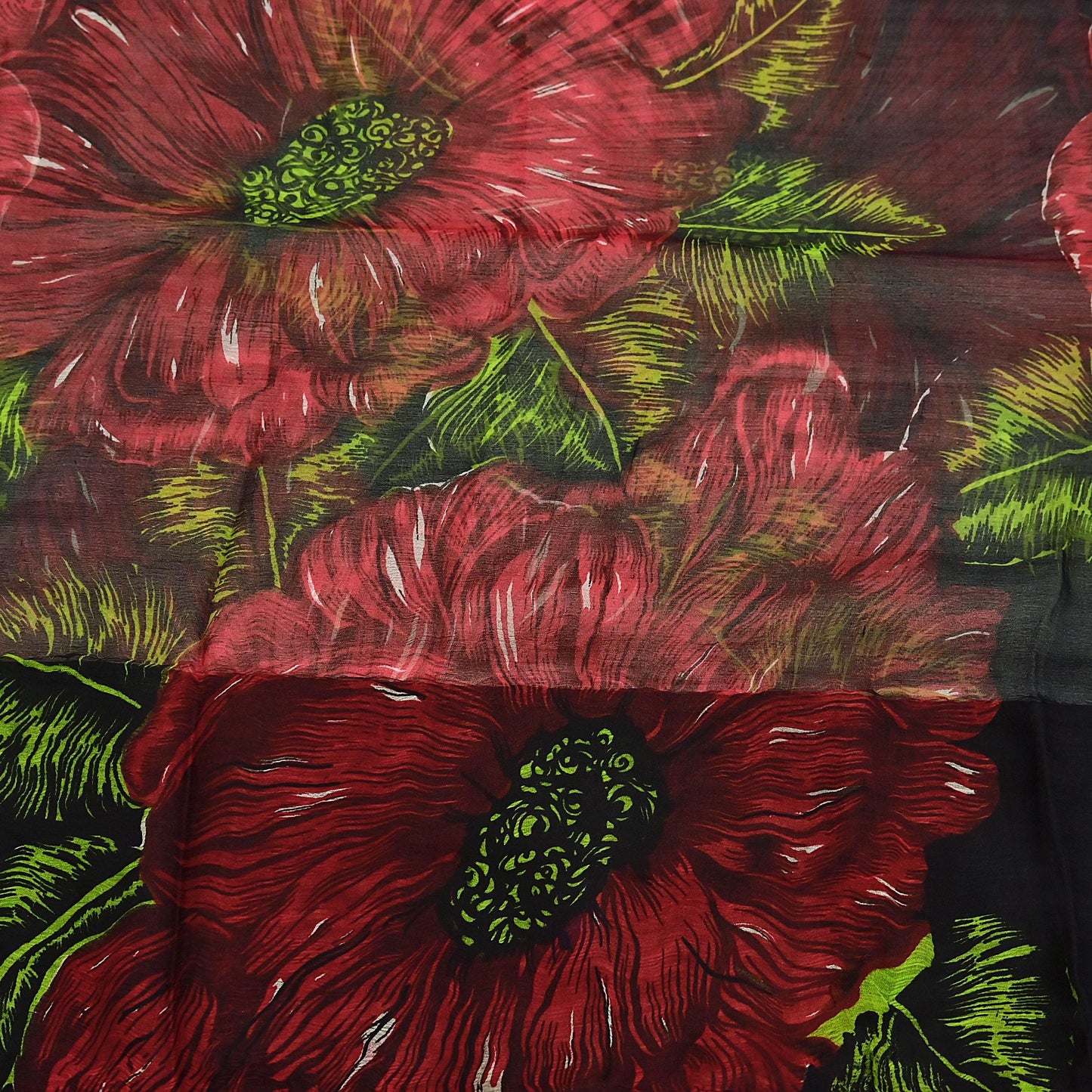 Indian Vintage Black & Red Pure Chiffon Silk Saree Printed Floral Design 5 Yards Sheer Soft Fabric for Sewing, Dressmaking,