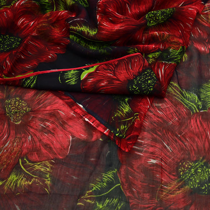 Indian Vintage Black & Red Pure Chiffon Silk Saree Printed Floral Design 5 Yards Sheer Soft Fabric for Sewing, Dressmaking,