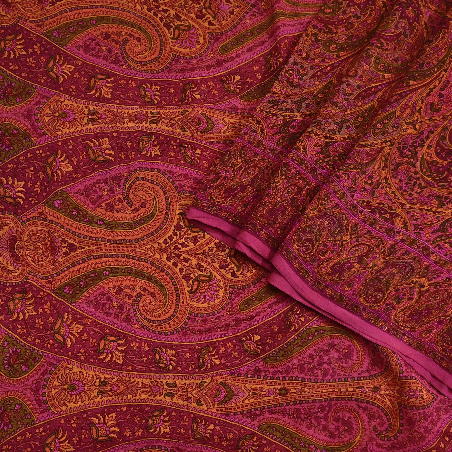 Indian Vintage Purple Pure Chiffon Silk Saree Printed Floral Design 5 Yards Sheer Soft Fabric for Sewing, Dressmaking,