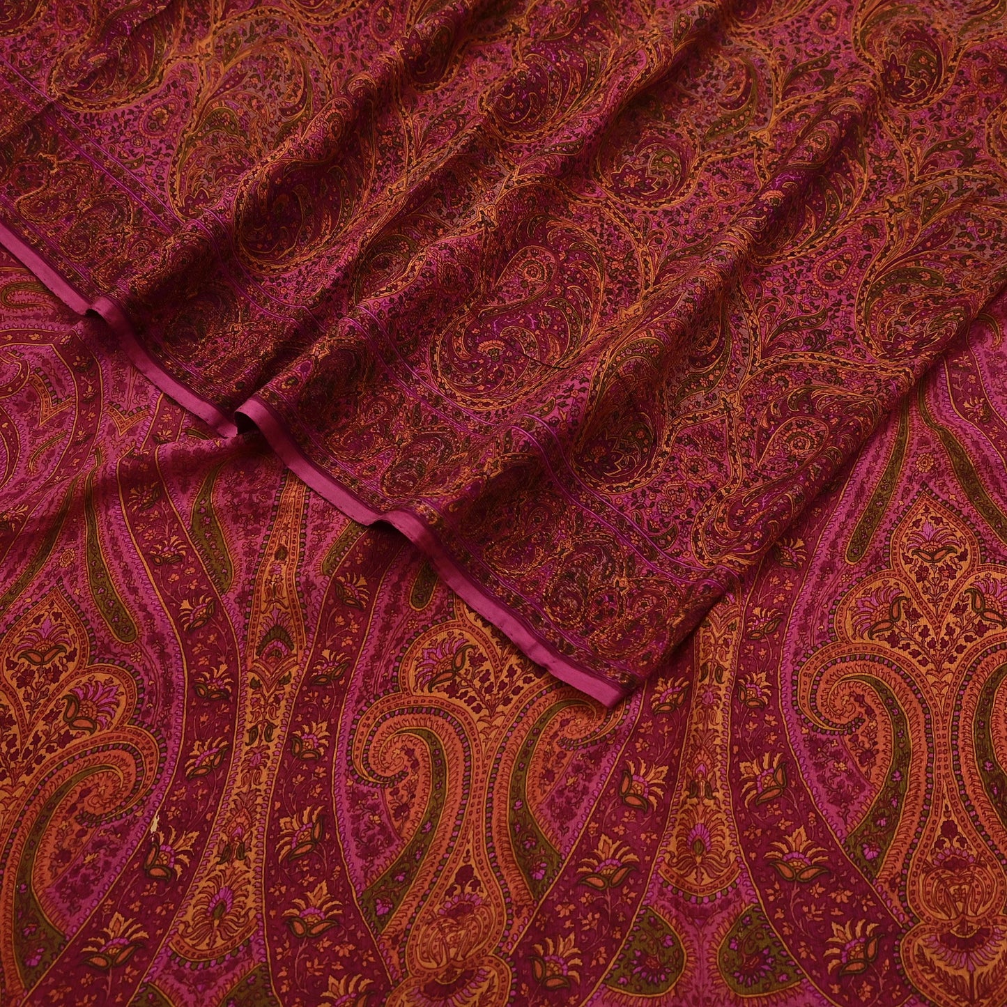 Indian Vintage Purple Pure Chiffon Silk Saree Printed Floral Design 5 Yards Sheer Soft Fabric for Sewing, Dressmaking,