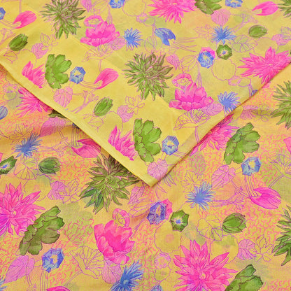 Indian Vintage Sari Yellow Pure Silk Printed Saree 6yd Sewing Craft Fabric DressMaking Soft