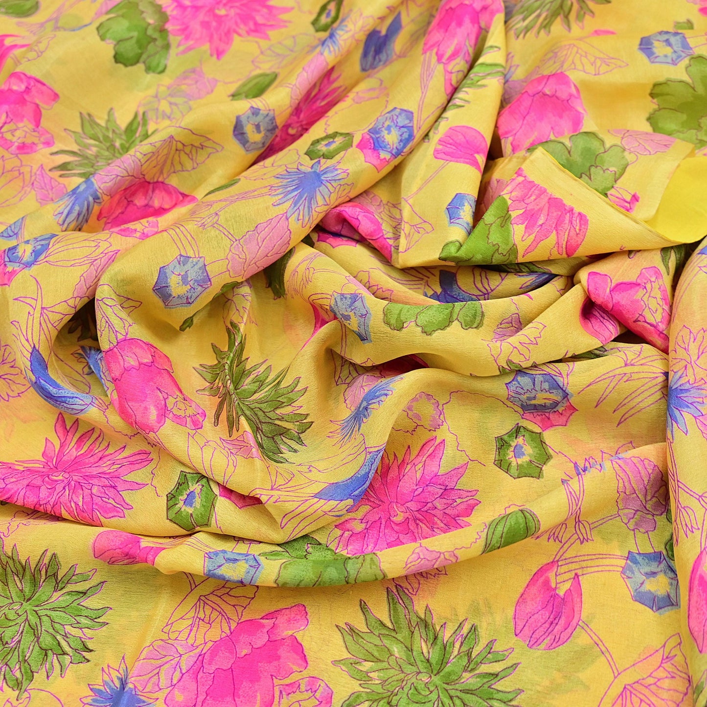 Indian Vintage Sari Yellow Pure Silk Printed Saree 6yd Sewing Craft Fabric DressMaking Soft