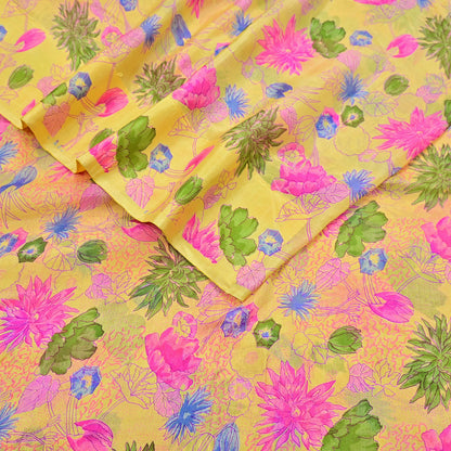 Indian Vintage Sari Yellow Pure Silk Printed Saree 6yd Sewing Craft Fabric DressMaking Soft