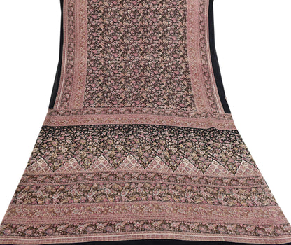 Vintage Sari Black Pure Silk Printed Saree Craft Fabric 6yard Sewing Floral Soft Dress Designing for Crafting Upcycle Quilting