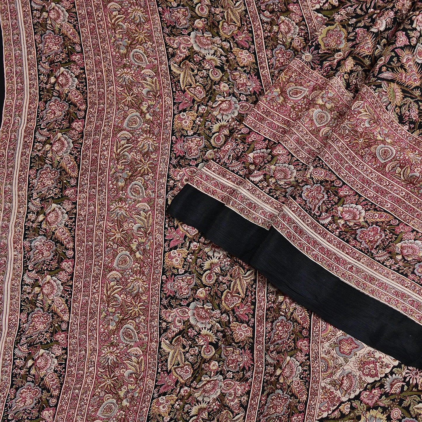 Vintage Sari Black Pure Silk Printed Saree Craft Fabric 6yard Sewing Floral Soft Dress Designing for Crafting Upcycle Quilting