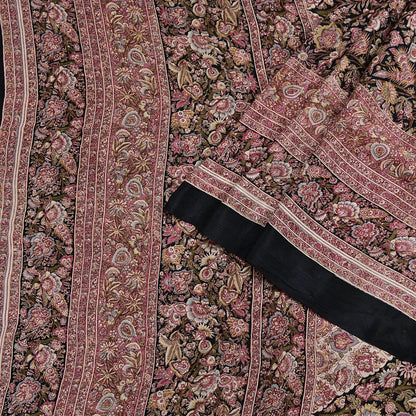 Vintage Sari Black Pure Silk Printed Saree Craft Fabric 6yard Sewing Floral Soft Dress Designing for Crafting Upcycle Quilting