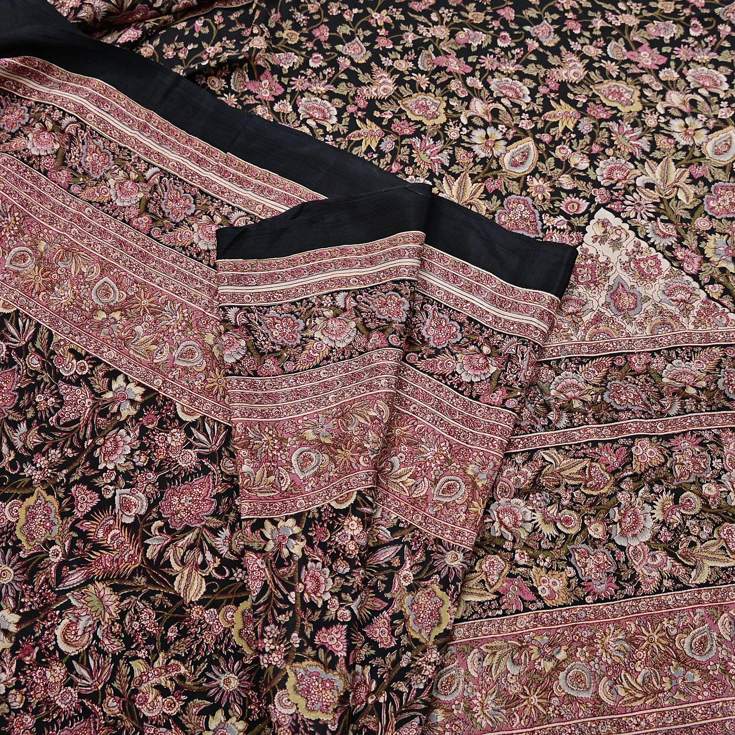 Vintage Sari Black Pure Silk Printed Saree Craft Fabric 6yard Sewing Floral Soft Dress Designing for Crafting Upcycle Quilting