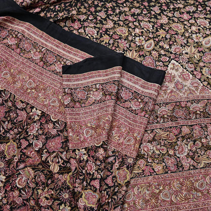 Vintage Sari Black Pure Silk Printed Saree Craft Fabric 6yard Sewing Floral Soft Dress Designing for Crafting Upcycle Quilting