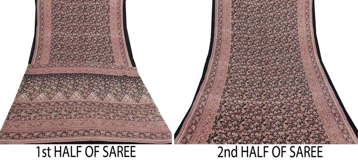 Vintage Sari Black Pure Silk Printed Saree Craft Fabric 6yard Sewing Floral Soft Dress Designing for Crafting Upcycle Quilting