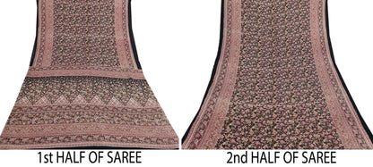 Vintage Sari Black Pure Silk Printed Saree Craft Fabric 6yard Sewing Floral Soft Dress Designing for Crafting Upcycle Quilting