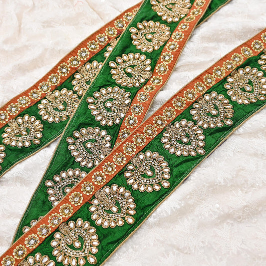 Indian Vintage Green Sari Border 1Yd Hand Embroidered Dabka Lace Trim Sewing Craft Ribbon Dress Decor