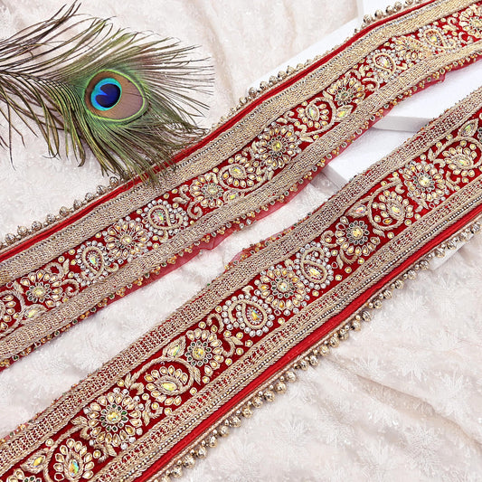 Indian Vintage Red Sari Border Hand Embroidered Craft Trim Lace Sewing Sari Ribbon Velvet 1yd Dress making Dress Designing Decor Dabka