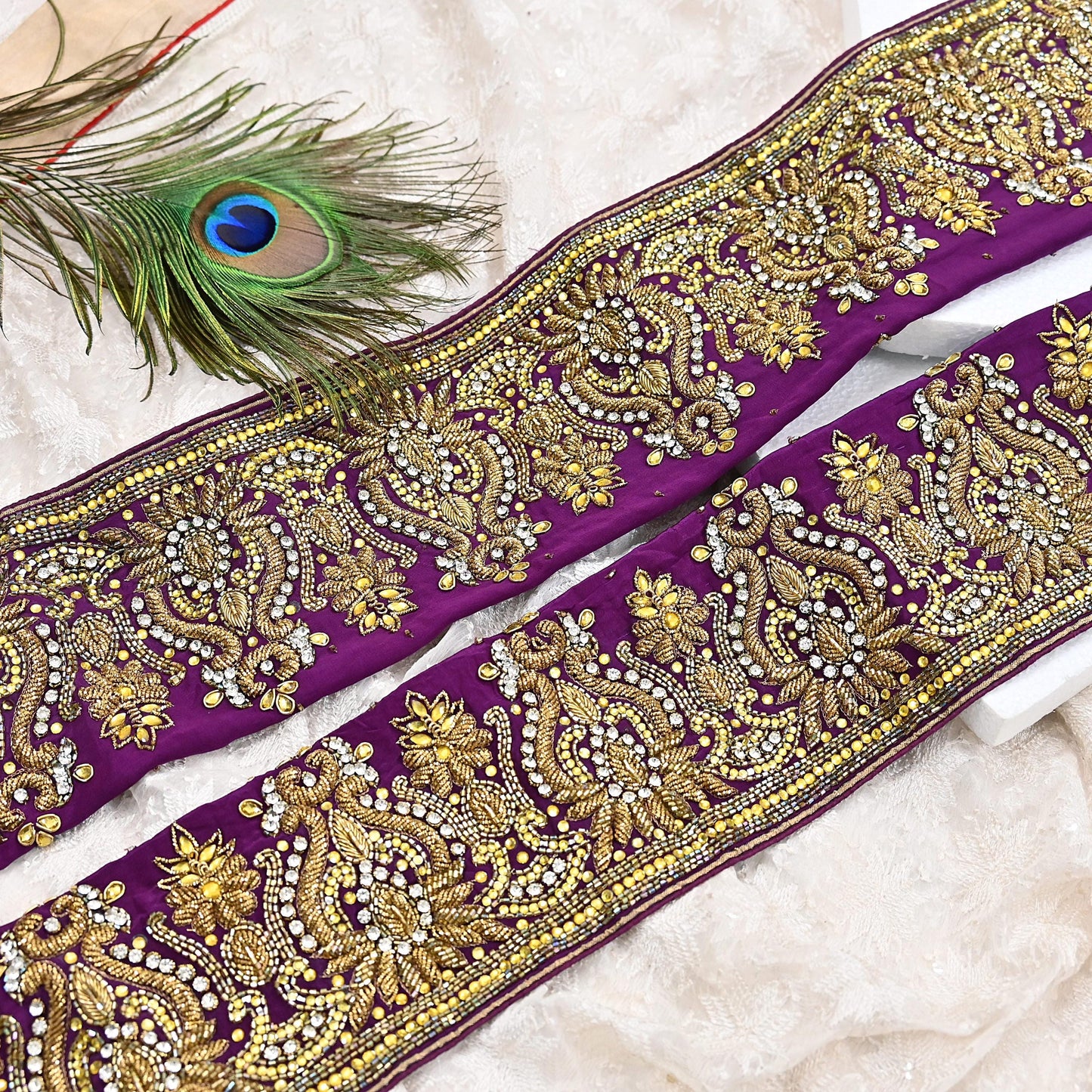 Indian Vintage Purple Sari Border Hand Embroidered 1yd Craft Trim Lace Sewing Sari Ribbon Pure Crepe silk  Sequins Zari