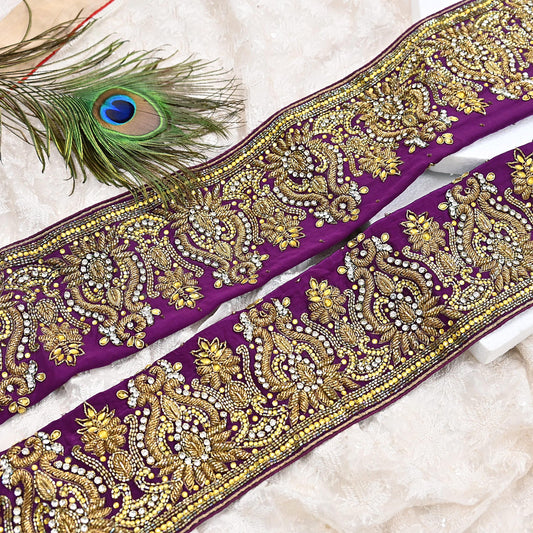 Indian Vintage Purple Sari Border Hand Embroidered 1yd Craft Trim Lace Sewing Sari Ribbon Pure Crepe silk  Sequins Zari