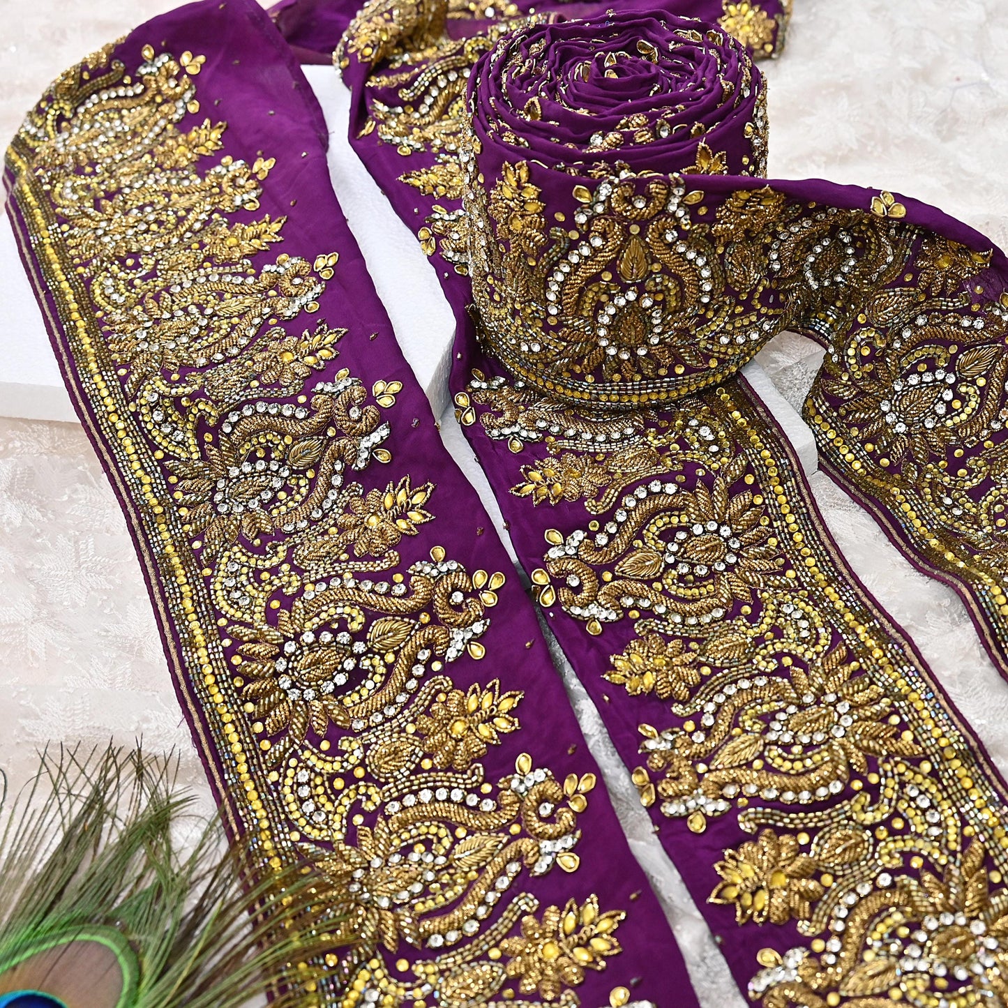 Indian Vintage Purple Sari Border Hand Embroidered 1yd Craft Trim Lace Sewing Sari Ribbon Pure Crepe silk  Sequins Zari