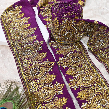 Indian Vintage Purple Sari Border Hand Embroidered 1yd Craft Trim Lace Sewing Sari Ribbon Pure Crepe silk  Sequins Zari