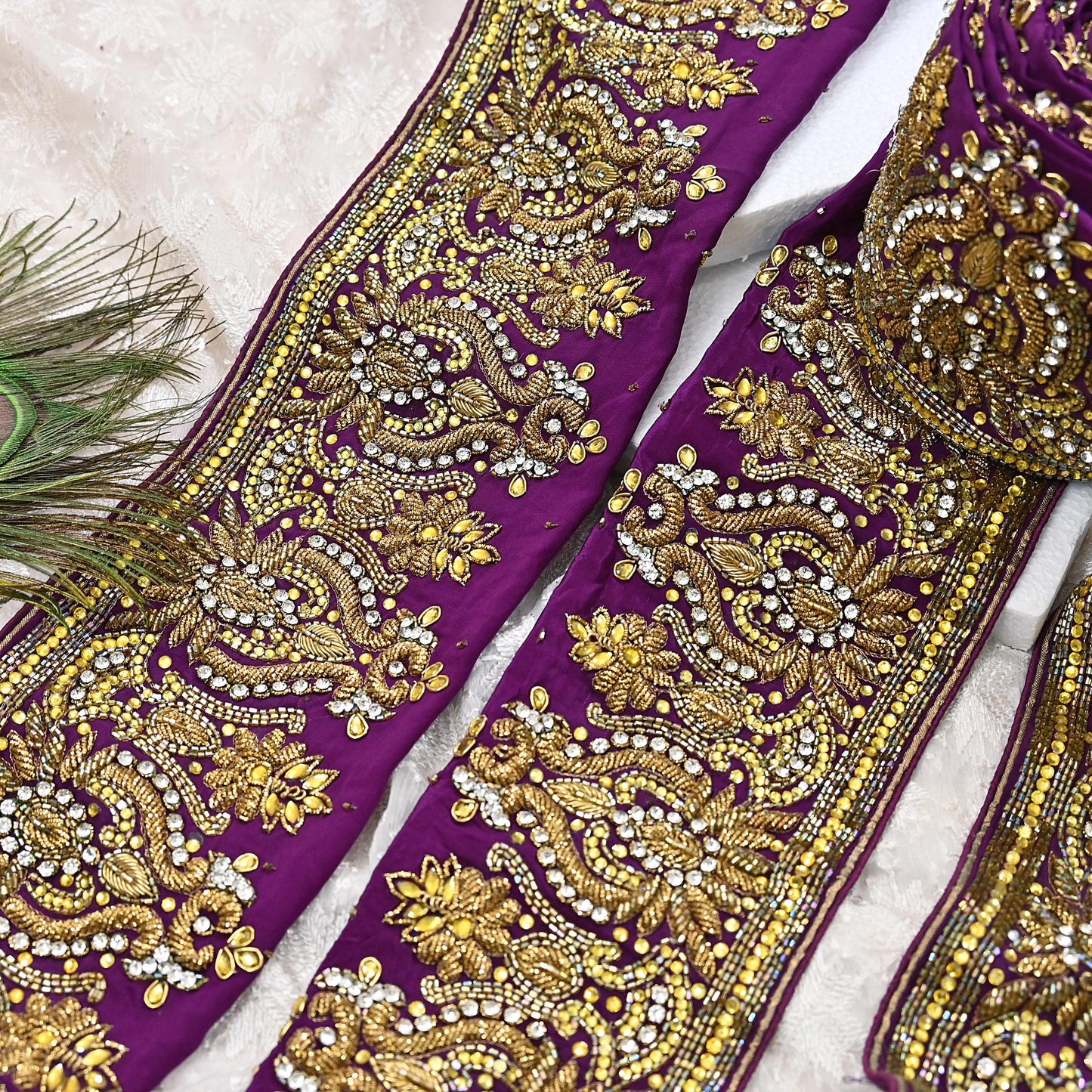 Indian Vintage Purple Sari Border Hand Embroidered 1yd Craft Trim Lace Sewing Sari Ribbon Pure Crepe silk  Sequins Zari