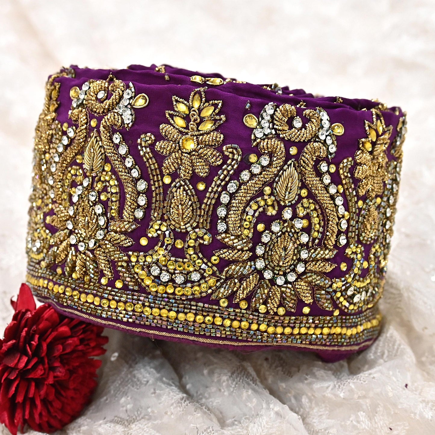 Indian Vintage Purple Sari Border Hand Embroidered 1yd Craft Trim Lace Sewing Sari Ribbon Pure Crepe silk  Sequins Zari