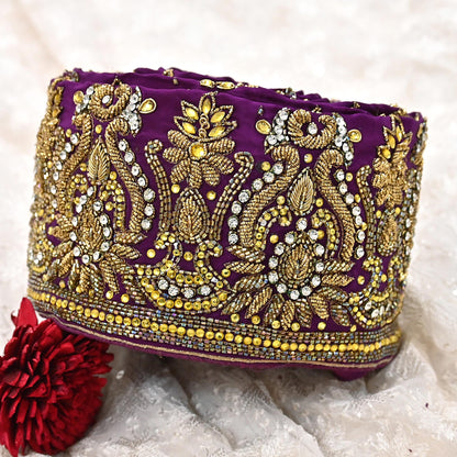 Indian Vintage Purple Sari Border Hand Embroidered 1yd Craft Trim Lace Sewing Sari Ribbon Pure Crepe silk  Sequins Zari