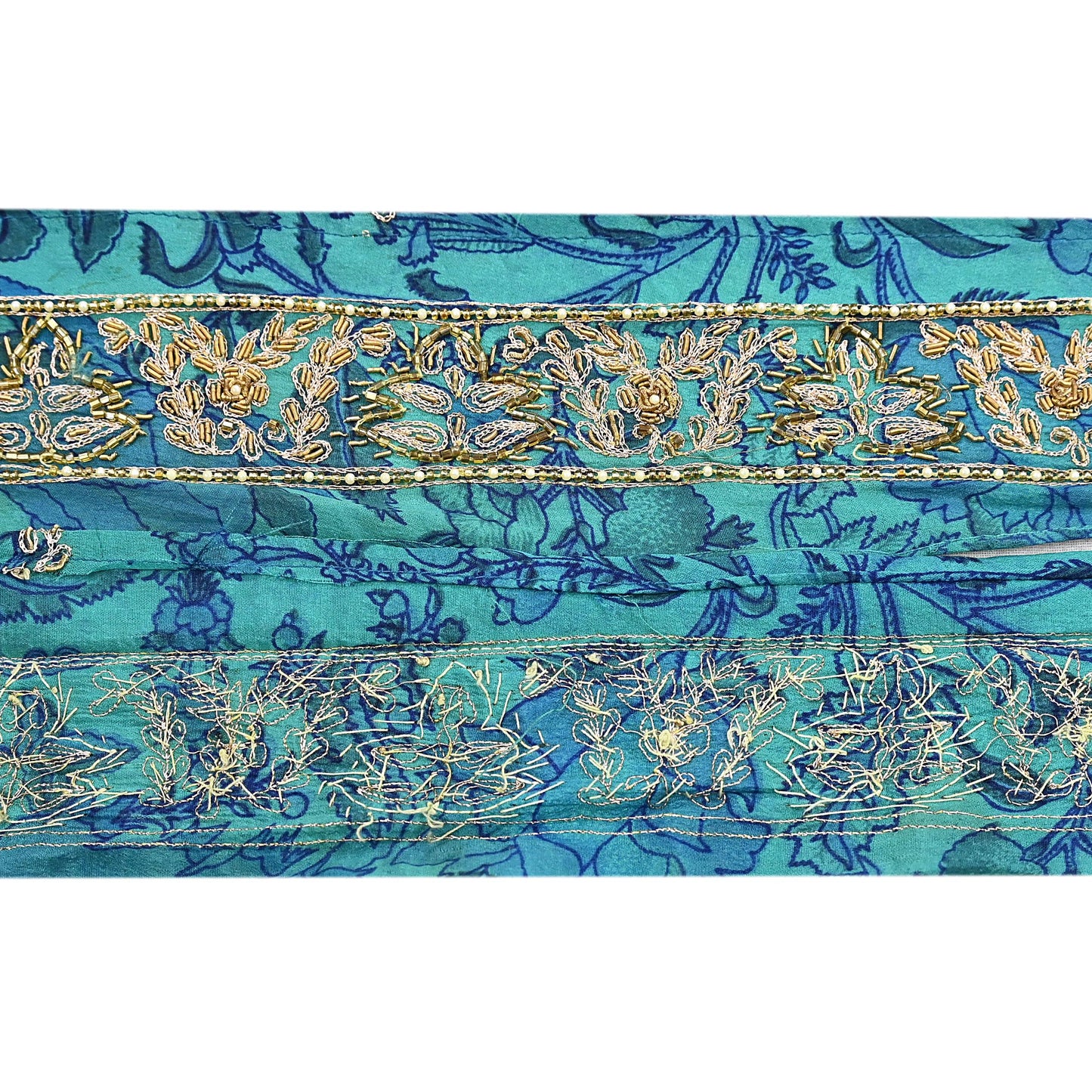 Indian Vintage Green Sari Border Hand Embroidered 1yd Craft Trim Lace Sewing Sari Ribbon Pure Crepe silk  Zardozi/Dabka Zari