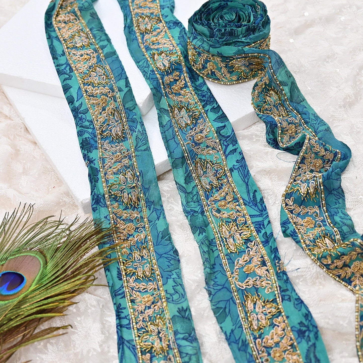 Indian Vintage Green Sari Border Hand Embroidered 1yd Craft Trim Lace Sewing Sari Ribbon Pure Crepe silk  Zardozi/Dabka Zari