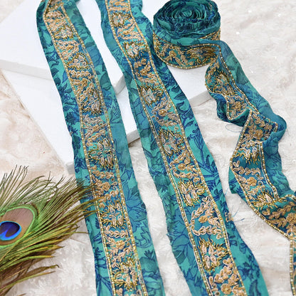 Indian Vintage Green Sari Border Hand Embroidered 1yd Craft Trim Lace Sewing Sari Ribbon Pure Crepe silk  Zardozi/Dabka Zari