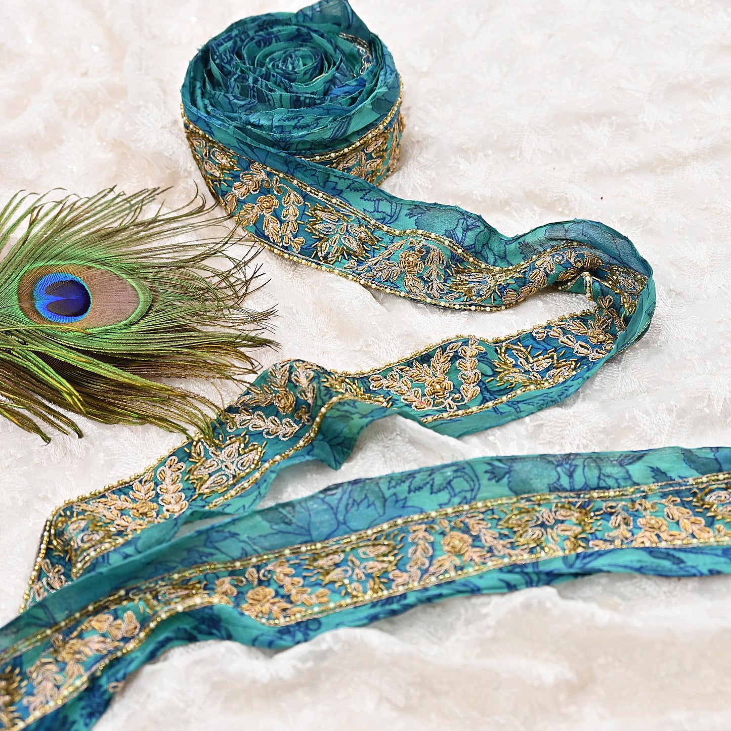 Indian Vintage Green Sari Border Hand Embroidered 1yd Craft Trim Lace Sewing Sari Ribbon Pure Crepe silk  Zardozi/Dabka Zari